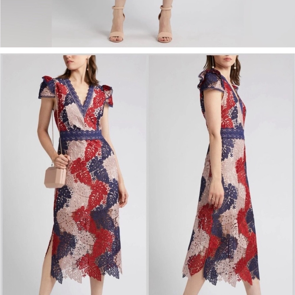 Adelyn Rae Adeline Palm Lace Midi Dress Cap Sleeve Blue Red Tan sz large - Picture 2 of 6